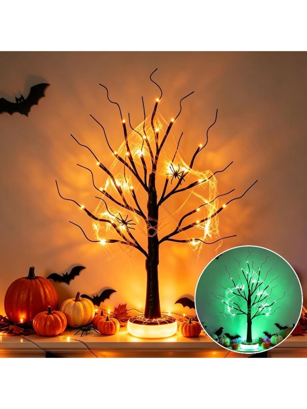〽️Women's Black Orange LED Spooky Tree Rechargeable Glowing Base Halloween Decor